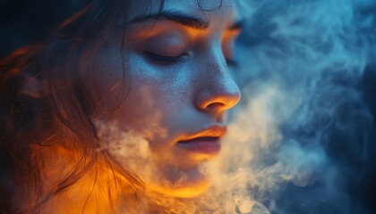 Fototapeta premium woman in abstract colored cigarette smoke, vaping, bad habit, vapor, toxic