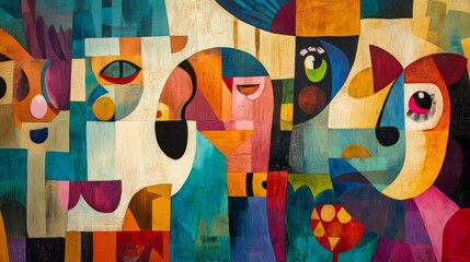 Vibrant Cubist Folk Art Scene with Whimsical UHD Figures in Abstract Harmony