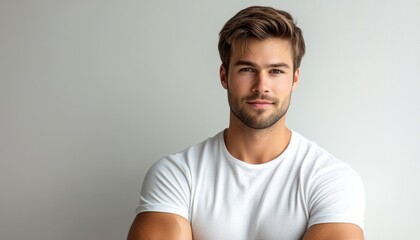Fototapeta premium handsome muscular man model with unshaven stubble wearing in white T-shirt on light background, copy space