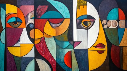Colorful Cubism Folk Art of a Traditional Wedding Celebration
