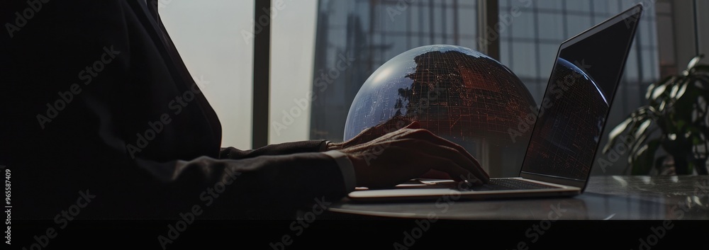 Poster a businessman working on a computer connected to the internet with data analytics, a business strate