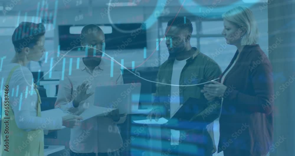 Aufkleber animation of financial data processing over diverse colleagues discussing work in office