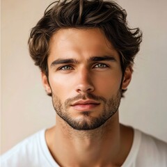 Obraz premium closeup of beautiful caucasian man model in white t-shirt on light background