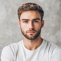 Fototapeta premium closeup of beautiful caucasian man model in white T-shirt on light background, portrait