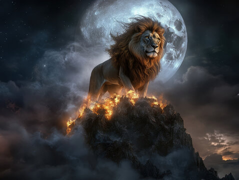 A lion with mane made of roaring flames stands majestically on rocky peak under full moon, creating powerful and dramatic scene. fiery mane and moonlight enhance lions regal presence