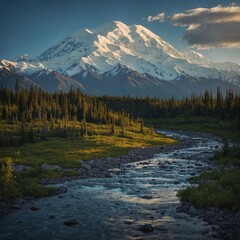 Fototapeta premium Mount McKinley, also known as Denali, is the highest peak in North America, rising to 20,310 feet (6,190 meters). Located in Alaska, it is renowned for its stunning prominence and challenging climbing