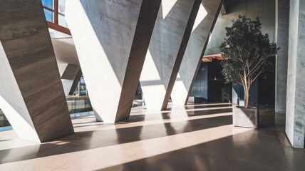 Obraz premium A 3D rendering of an abstract architecture interior with a modern concrete room design, The fusion of natural elements and brutalist architecture captured in a tranquil indoor setting.