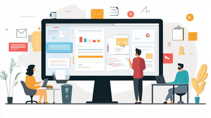 A workspace with a large screen showing a digital content strategy plan