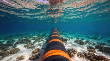 Underwater Pipeline Installation: A vivid depiction of marine engineering showcasing an orange pipeline against a stunning backdrop of coral reefs and crystal-clear waters.