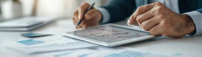 A businessman analyzing stock market charts on a digital tablet, with a modern office setting and financial data on the screen