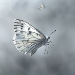 Obraz premium White butterfly in soft focus on light blue background, delicate elegance of spring nature.
