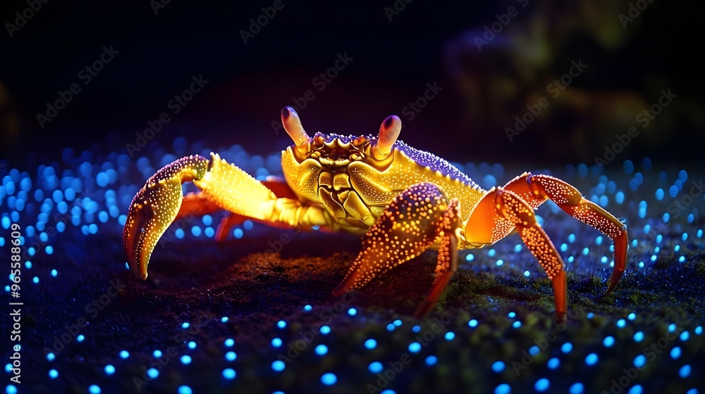 Poster glowing crab against dark surface with light pattern image