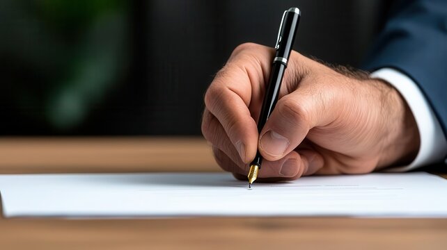 A close-up of a businessman's hand signing a contract at a meeting table with documents and pens