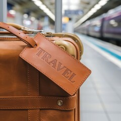 A close-up shot of a classic brown leather suitcase with a ‘TRAVEL’ tag, set against a blurred train station background. This image captures the essence of adventure and nostalgia.