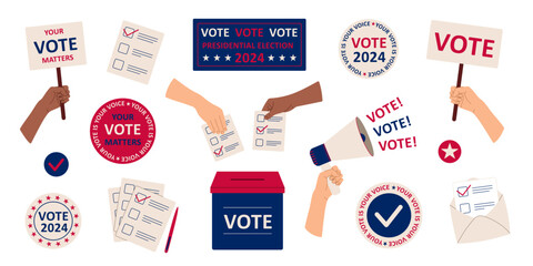 Vote 2024 set. Election campaign. Voting concept stickers. Flat isolated vector illustration