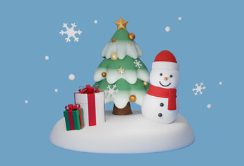 Christmas tree with snowman and gift box 3D graphic