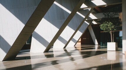Obraz premium A 3D rendering of an abstract architecture interior with a modern concrete room design, The fusion of natural elements and brutalist architecture captured in a tranquil indoor setting.