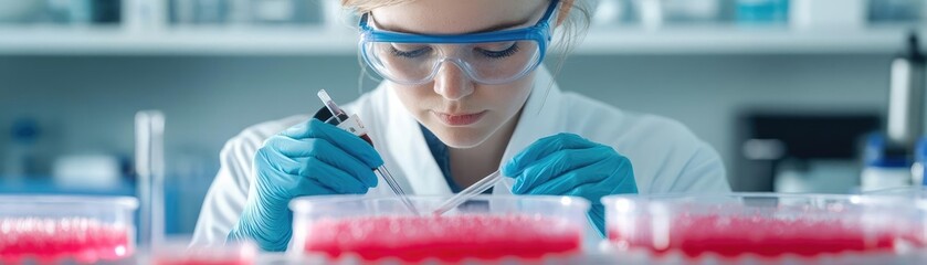 Researcher analyzing cell cultures in a sterile, futuristic biotech lab environment
