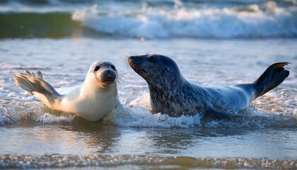 Obraz premium Playful seal couple frolicking in the ocean surf