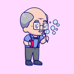 Obraz premium Cute Grandfather Blowing Bubble Cartoon Vector Icon Illustration. People Nature Icon Concept Isolated Premium Vector. Flat Cartoon Style 