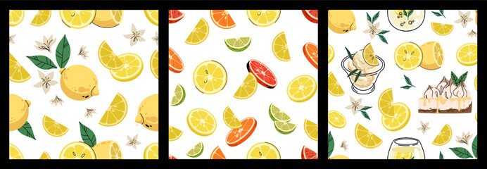 Patterns with piece and slice citrus, lemon desserts and drinks. Lemon, mandarin, lime, orange, grapefruit stickers. Vector seamless pattern isolated on white background