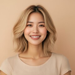 Fototapeta premium young Asian blonde happy woman wearing in beige T-shirt on beige background, closeup