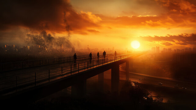 A pedestrian bridge overlooking highway at sunset creates stunning silhouette against vibrant sky. scene evokes sense of tranquility and reflection