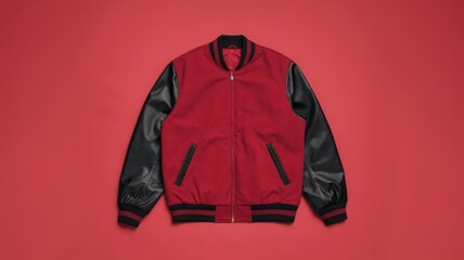 A classic varsity jacket vector mock-up, illustrating a timeless design, Vibrant varsity jacket with contrasting red and blue colours, laid flat on a bold red background.