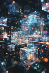 A futuristic city built entirely from transparent cubes and spheres, floating in space, with colorful energy pulses connecting the structures.