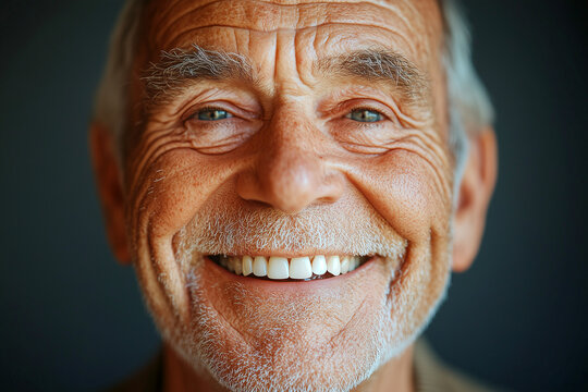 Portrait of smiling mature senior smiling looking at camera feels happy look overjoyed. Optimistic healthy older man close up cropped face view. Dentures, prosthesis, dental clinic services ad concept
