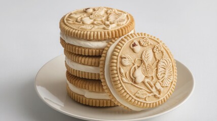 Sandwich cookies with cream filling, presented in 3D and isolated on a white background.