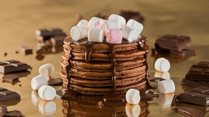 Perfectly cooked pancakes oozing with chocolate syrup, complemented by the contrasting textures of soft marshmallows and crunchy chocolate pieces. A visual feast for food enthusiasts.