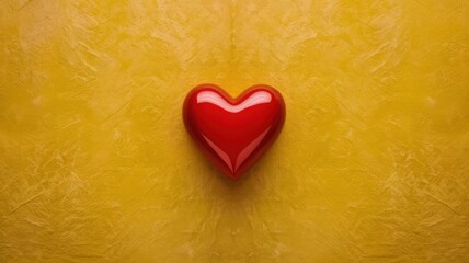 A red heart shape placed on a yellow table, viewed from above, representing love, romance, and passion.