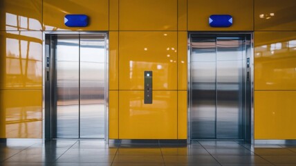 Chrome doors of an office elevator, both open and closed, set against yellow wall panels in a vector depiction.