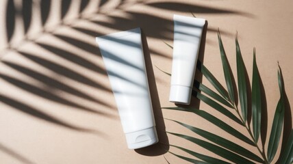 Two white skincare tubes casting soft shadows on a beige surface, creating a minimalistic and elegant presentation of cosmetic products.