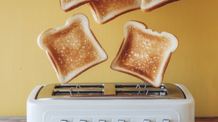 Toast slices jumping out of a toaster against a vibrant yellow background, illustrated in vector form, Perfectly toasted bread popping out of a stainless steel toaster, frozen in mid-air.