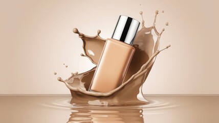 Luxurious liquid foundation with metallic cap caught in mid-splash against a seamless beige backdrop, highlighting the fluid beauty and high-end quality of cosmetic products.