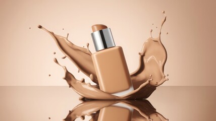 Luxurious liquid foundation with metallic cap caught in mid-splash against a seamless beige backdrop, highlighting the fluid beauty and high-end quality of cosmetic products.