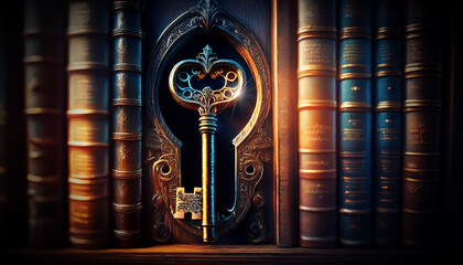 Concept of Key to Knowledge. Extreme close-up of an old key in gothic style in keyhole in a library with old blurry antique books and copy space. Generative Ai.