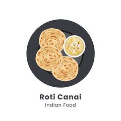 Hand drawn vector illustration of Roti Parata or Roti canai or Roti maryam with lamb curry sauce