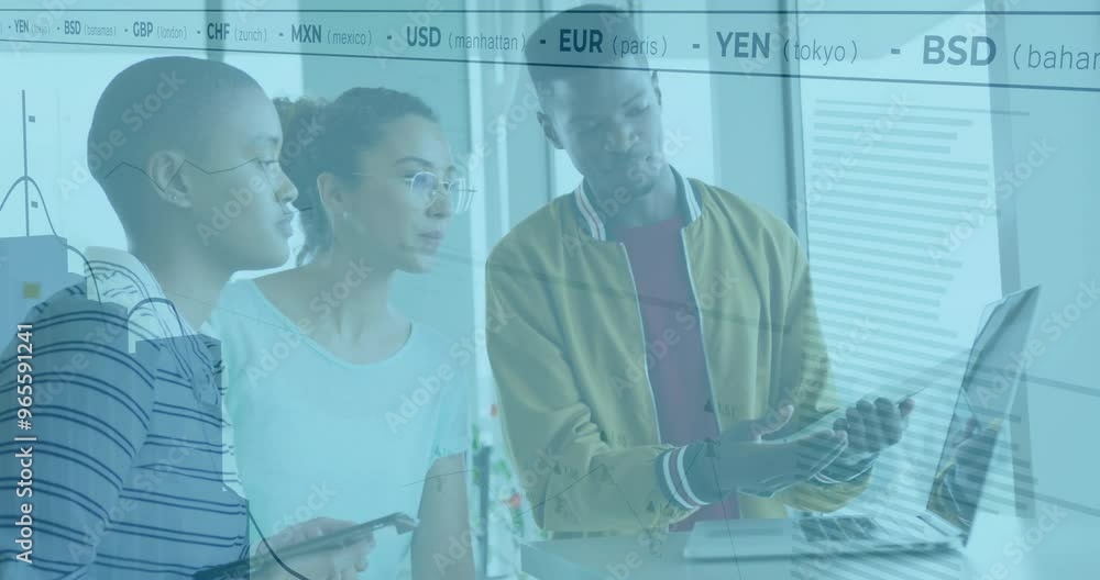 Poster animation of financial data processing over diverse colleagues discussing work in office