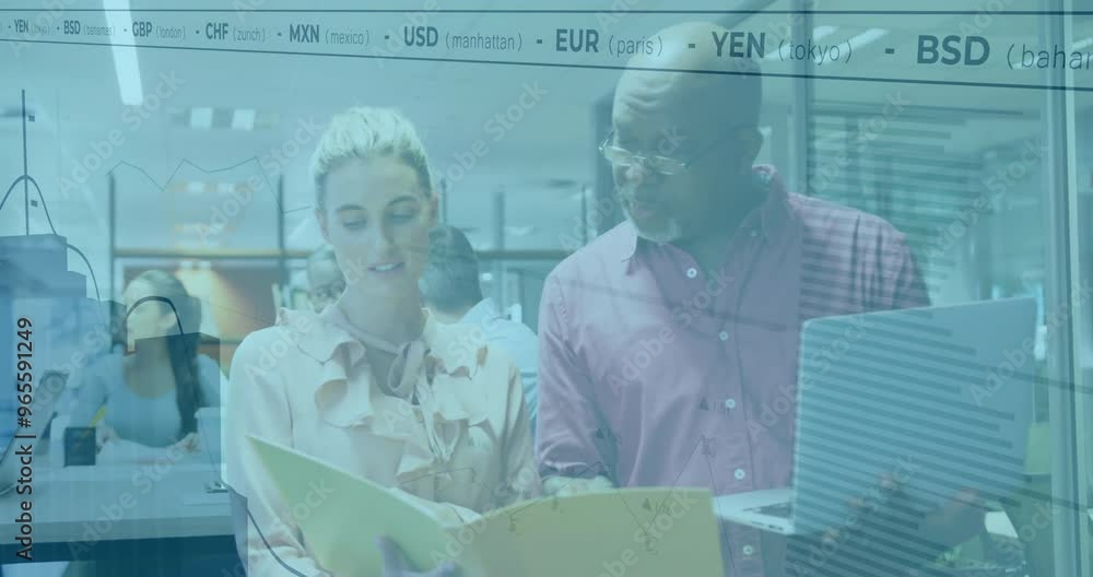 Poster animation of financial data processing over diverse colleagues discussing work in office