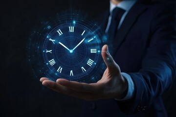 A businessman holding a futuristic clock with a digital interface.