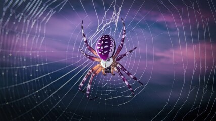 Background featuring a spider and cobweb with a spooky theme on a purple backdrop, illustrated in vector style.
