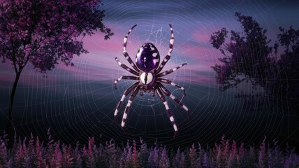 Background featuring a spider and cobweb with a spooky theme on a purple backdrop, illustrated in vector style.