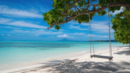 A tranquil tropical beach backdrop features a beach swing or hammock, white sand, and a serene sea, ideal for relaxation and summer holidays.