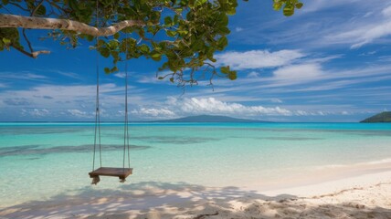 A tranquil tropical beach backdrop features a beach swing or hammock, white sand, and a serene sea, ideal for relaxation and summer holidays.