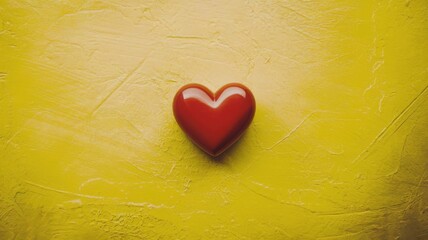 A red heart shape placed on a yellow table, viewed from above, representing love, romance, and passion.