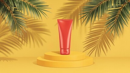 A round podium holding a red tube of sunscreen, symbolizing protection against ultraviolet rays and the sun's harmful effects on the skin.