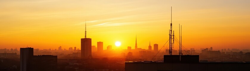 Naklejka na ściany i meble A rooftop view of city at sunset showcases stunning skyline illuminated by warm golden hues. silhouettes of buildings create dramatic contrast against vibrant sky, evoking sense of tranquility and won